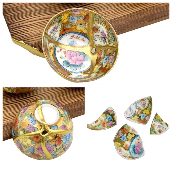 Kintsugi Cups Chinese Eggshell Mini Floral Gold Crack Art Personal Growth Gift - Picture 3 of 14